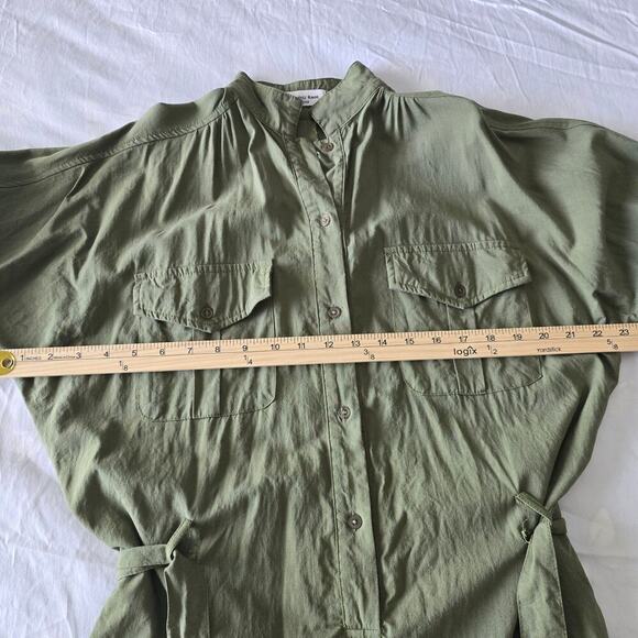 Embroidered Floral Army Green Cargo Romper Short Roll Sleeves Tie Waist Button - Picture 6 of 10